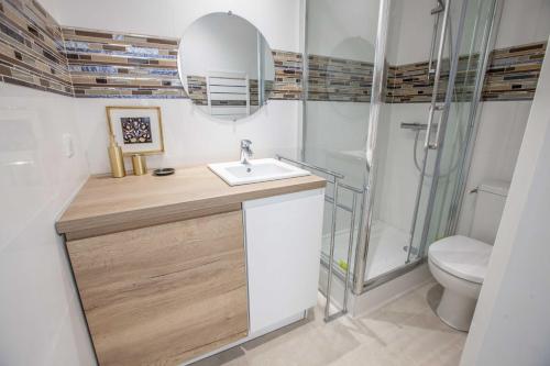 łazienka z umywalką i toaletą w obiekcie Très beau T2 climatisé refait à neuf, vue mer panoramique exceptionnelle à 120m à pied de la plage w mieście La Ciotat