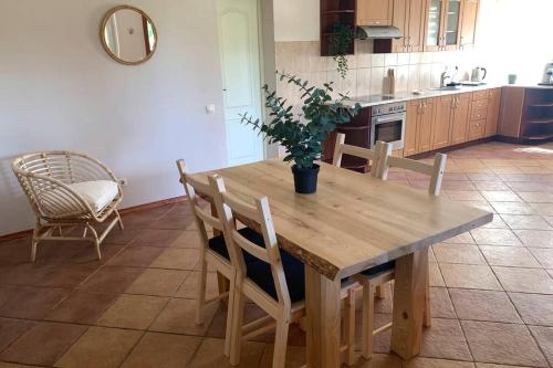 a wooden table in a kitchen with a potted plant on it at Vaivari Retreat in Jūrmala