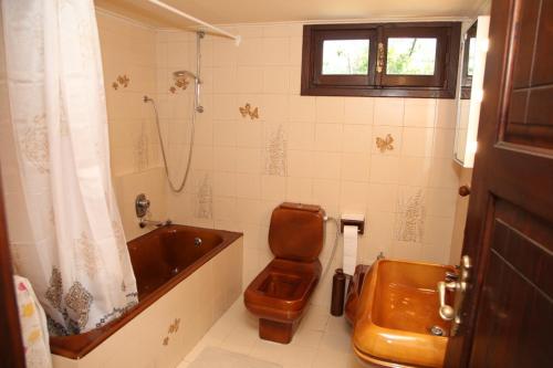 a bathroom with a tub and a toilet and a sink at Hellenick House in Áyios Ioánnis