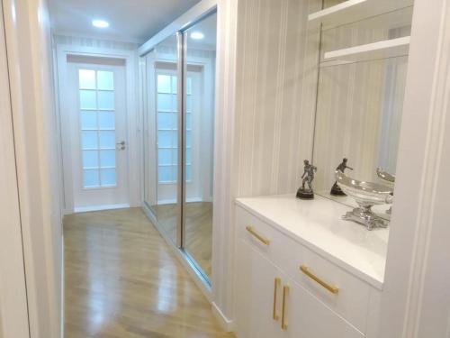 een badkamer met een wastafel en een glazen douche bij Abmasador Apartment in Baku