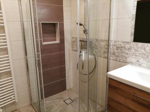 a shower with a glass door in a bathroom at Wohlfühlhof Bachzelt in Weitersfeld