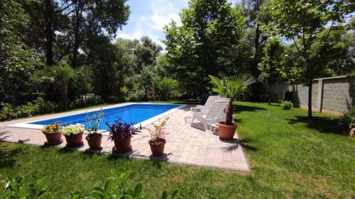 a swimming pool in a yard with potted plants at Apartman Natura vita Blagaj in Blagaj