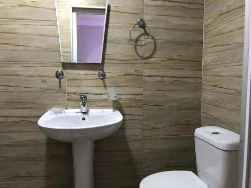 a bathroom with a sink and a toilet and a mirror at Nina two in K'obulet'i