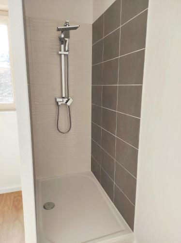 une douche avec pommeau de douche dans une salle de bain dans l'établissement Appartement Bagnols - Les Meublés des Pierres Dorées, à Theizé