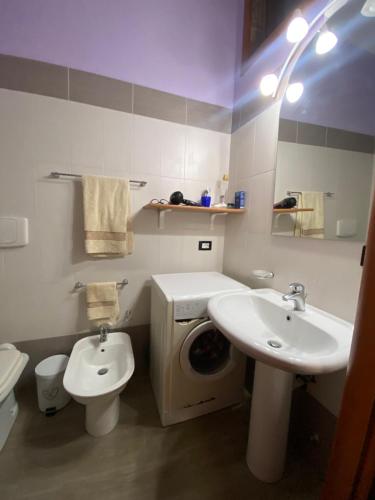 ein Badezimmer mit einem Waschbecken, einem WC und einer Waschmaschine in der Unterkunft La casa di nonna rosetta in Cirò Marina