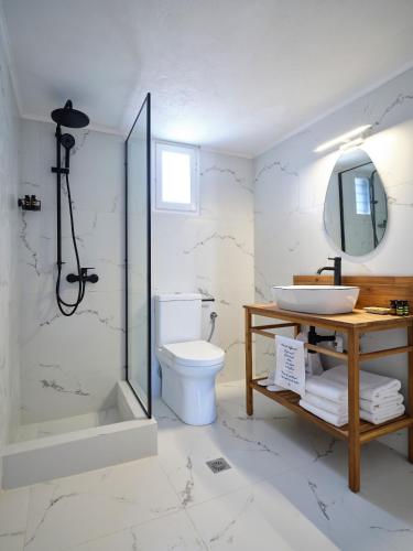 a bathroom with a shower and a toilet and a sink at Aria Kimolos Residence in Kimolos