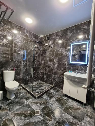a bathroom with a shower and a toilet and a sink at Hotel Sweet Night in Stepantsminda