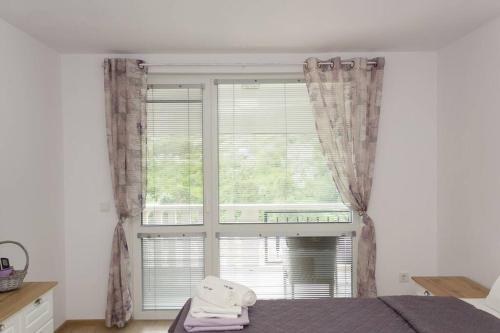 um quarto com uma grande janela com um olá em Perfect Summer Vacation Rental - One-Bedroom Flat em Topola