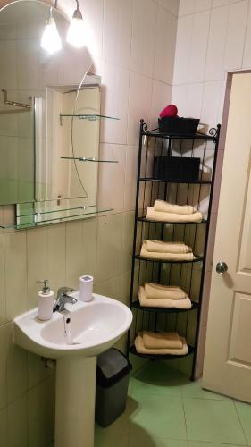 a bathroom with a sink and a shelf with towels at Apartments Bosana XIV in Biograd na Moru