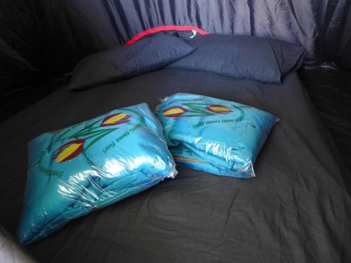 two blue pillows sitting on a bed at Capalbio Campeggio Rurale in Capalbio