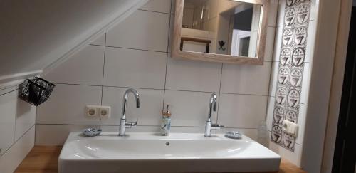 a bathroom sink with two faucets and a mirror at Pension De Hoestinkhof in Markelo