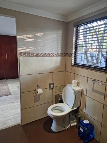 a bathroom with a toilet in a room with a window at Heimat Guesthouse in Welkom