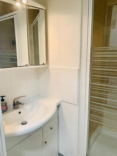 une salle de bain blanche avec un lavabo et une douche dans l'établissement LE DUCAL - Marina Baie des Anges, à Villeneuve-Loubet