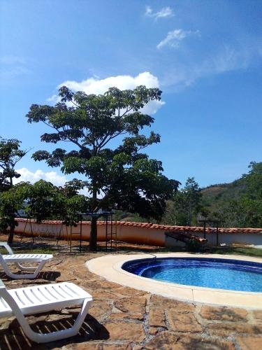 a swimming pool with two lounge chairs and a tree at Finca Casa Loma Barichara in Barichara