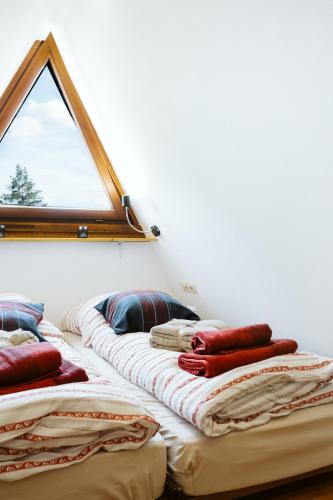 a group of pillows sitting on top of a room at Nurdachhaus Marie im Nordschwarzwald in Neuhausen
