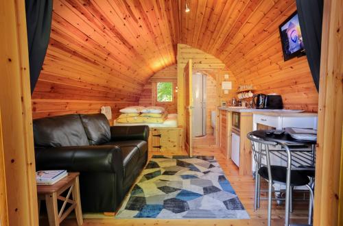 a living room with a leather couch in a log cabin at Glentruim Lodge Ecopod in Newtonmore