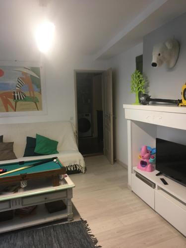 uma sala de estar com uma mesa de bilhar e uma lareira em Appartement génial em Clermont-Ferrand