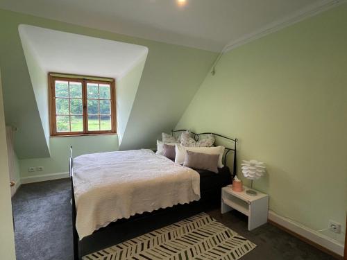 um quarto com uma cama e uma janela em Ferienwohnung im Grünen auf idyllisch gelegenen Gutshof und doch so zentral em Waldshut-Tiengen