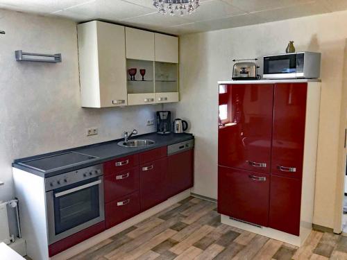 a kitchen with red cabinets and a red refrigerator at City Apartment in Waren Müritz in Waren