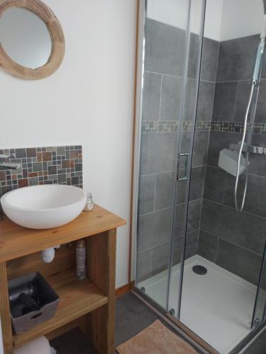 a bathroom with a sink and a shower at L'embrun de jasmin in Beaumont