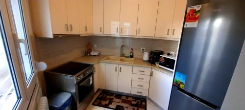 a small kitchen with a sink and a refrigerator at LUXURY APARTMENT Port of Piraeus in Piraeus