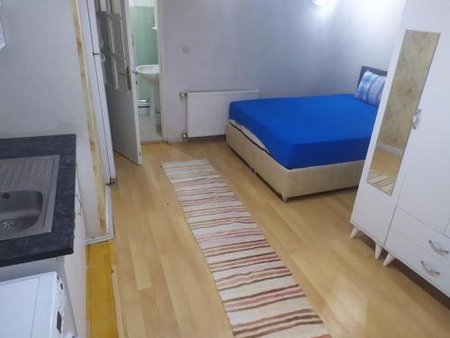 een slaapkamer met een blauw bed en een houten vloer bij Üsküdar home in Istanbul