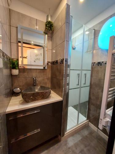 une salle de bain avec un lavabo et une douche dans l'établissement CHARMANT T2 VUE MARINA PLAGES A PIED, à Sète