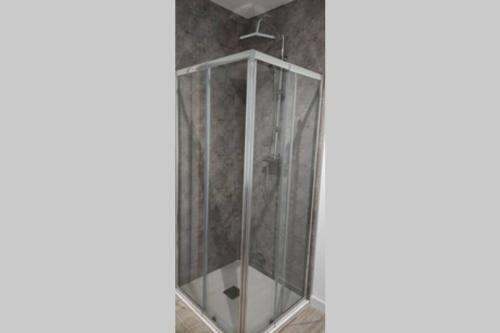 eine Dusche mit Glastür im Bad in der Unterkunft Apartamentos NayDa Studio 2 in Merida