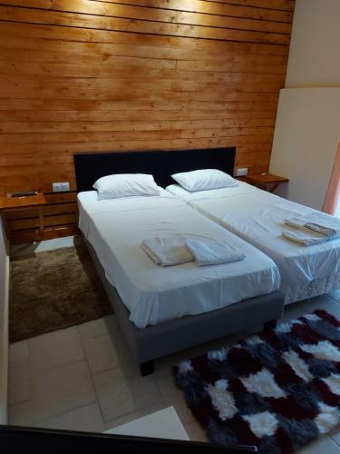 a bedroom with a large bed with a wooden wall at Nefeli Apartments Ορεστιάδα in Orestiada