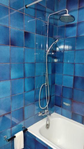 een blauwe betegelde badkamer met een douche en een bad bij Terrace House in Braga