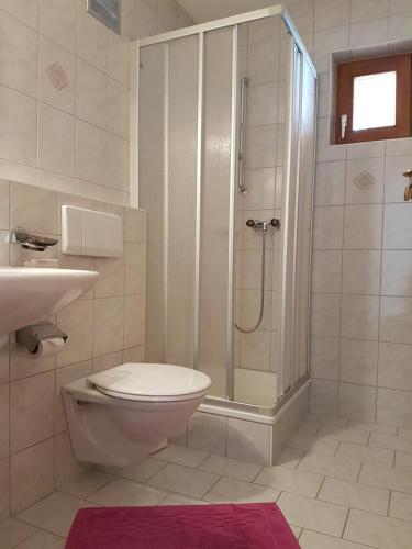 a bathroom with a shower and a toilet and a sink at Alp-Aren - Silvretta Card Premium Betrieb in Galtür