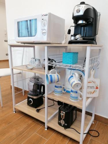 a microwave sitting on top of a shelf with cups at Momaliar House in Campofelice di Roccella