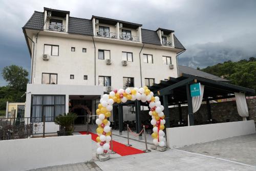 a building with a balloon arch in front of it at Hotel Dunavis in Orşova
