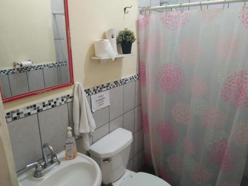 y baño con aseo, lavabo y ducha. en Hotel Antiguo, en Antiguo Cuscatlán