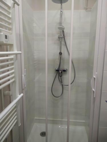 une douche avec une porte vitrée dans une salle de bain dans l'établissement Le Central Vittel 206, à Vittel