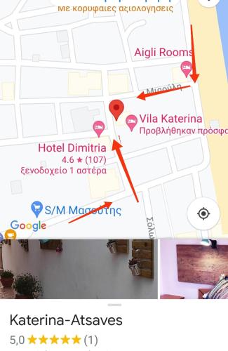 a map of katerina apartments and a map of the hotel vicinity at Garden House Katerina in Leptokaria