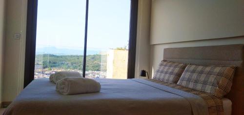 格蘭阿利坎特的住宿－DREAM SEA and MOUNTAIN VIEW APARTMENT in SUKHA，一间卧室设有一张大床和大窗户