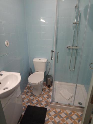 een badkamer met een douche, een toilet en een wastafel bij Near River 63 in Vila Nova de Gaia