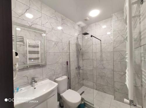 a bathroom with a toilet and a sink and a shower at Hotel Sweet Night in Stepantsminda