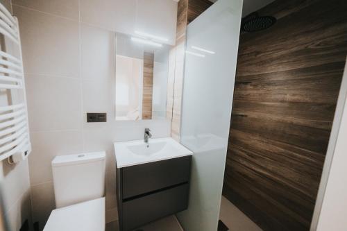 a small bathroom with a sink and a toilet at Apartamentos MK77 León - Palomera in León