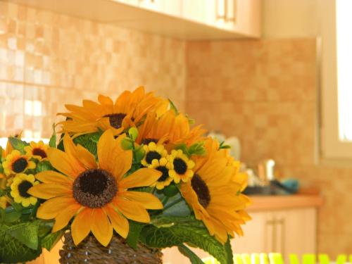 a vase filled with yellow flowers in a kitchen at Sorella in Kostol