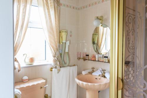 a bathroom with a sink and a toilet and a mirror at Sea Villa in Ardgroom