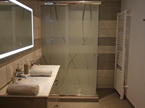 a bathroom with a shower and a sink and a mirror at Gîte Uriménil, 5 pièces, 6 personnes - FR-1-589-372 in Uriménil