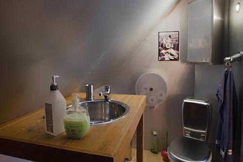 uma casa de banho com um lavatório e uma garrafa de sabão em Pink House Room#1 Stockholm em Estocolmo