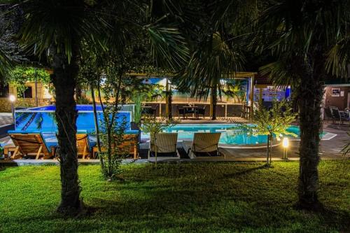 a pool at night with chairs and palm trees at Guest House Milicevic in Ljubuški