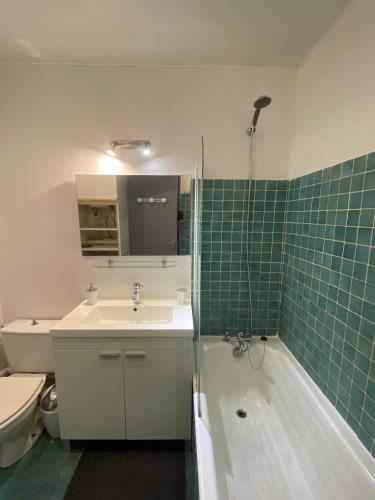 une salle de bain avec un lavabo, une douche et des toilettes dans l'établissement BALI Studio Climatisé, à La Ciotat