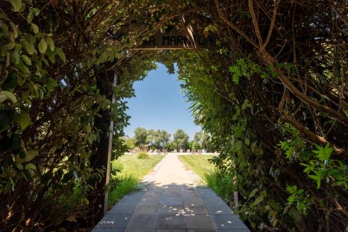 a path through a hedge with a sign in the middle at Agriturismo Casa Marmida in Pardu Atzei