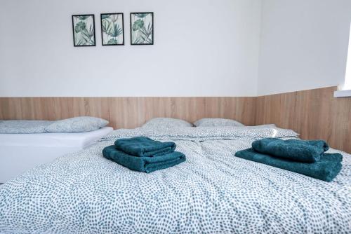 a bed with two green towels on top of it at Apartamenty Pawełek in Zator