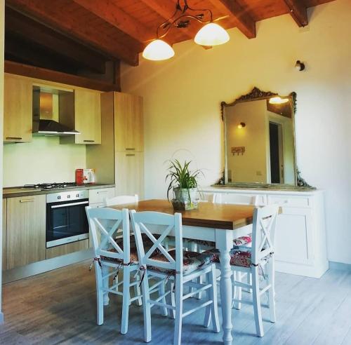 een keuken met een houten tafel en stoelen en een spiegel bij LissaHouse Agriturismo in San Pietro Vara