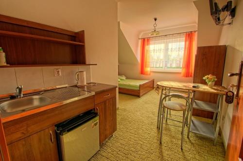 a kitchen with a sink and a counter top at Pokoje Gościnne Orka in Jarosławiec